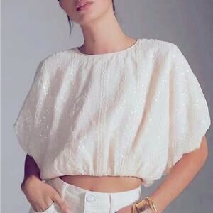 Endless Rose Puff Sleeve Sequin Crop Top Soutache Lace Ivory Small NWT